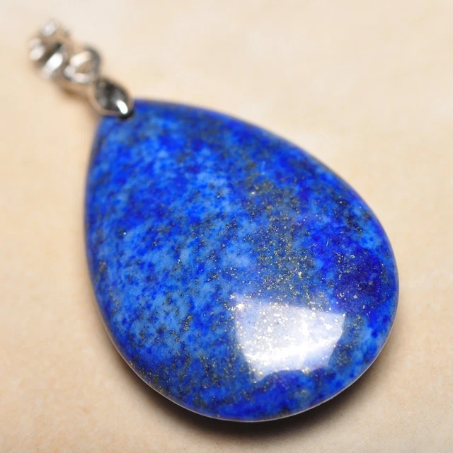 Blue Pyrite Lapis Lazuli Jasper Natural Gemstone 1.5" 18K WG Pendant #P12362