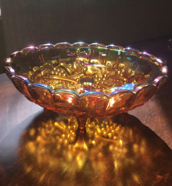 Indiana Iridescent Amber Carnival Glass Fruit Bowl Oval Harvest Grape Footed