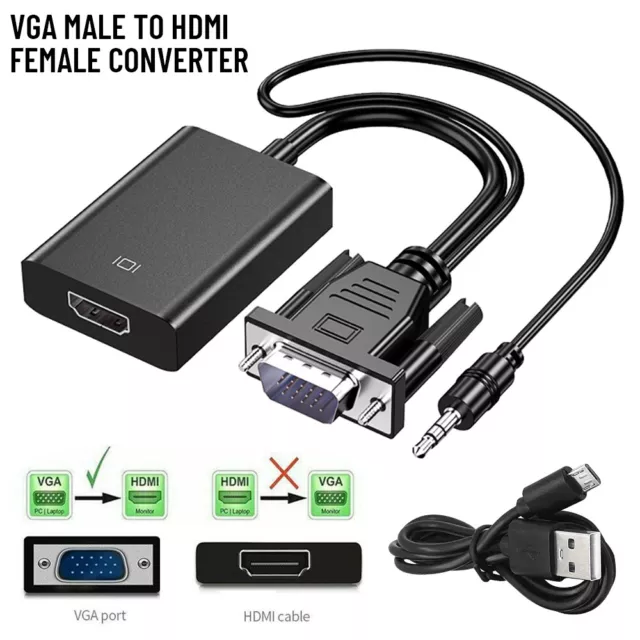 1/2x VGA Male to HDMI Female Converter Adapter 1080P Stereo Audio Output New