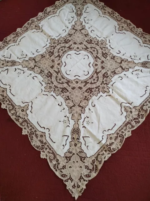 vintage gorgeous linen lace tablecloth embroidery needlework item878