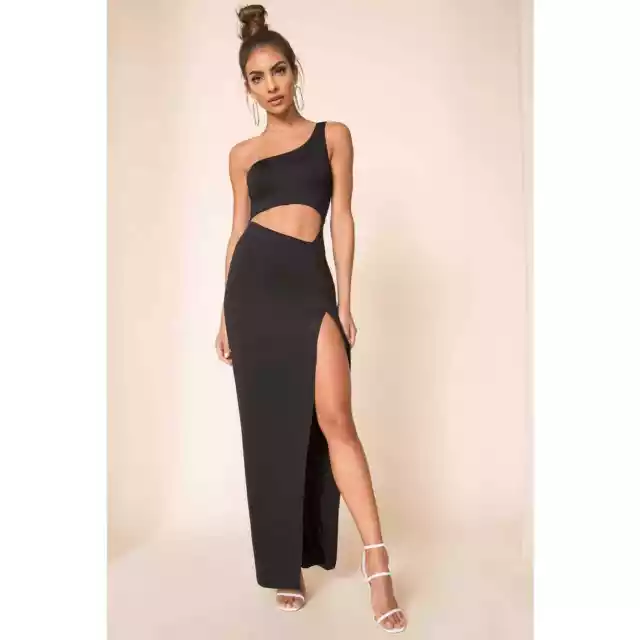 New Superdown Erla Cut Out Maxi Dress Black One Shoulder Jersey Side Slit Sz S