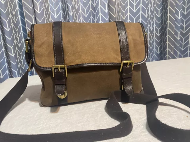 Fossil Brown Canvas Messenger Crossbody Satchel Bag Leather Trim School Work