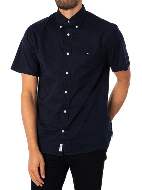 Tommy Hilfiger Uomo Camicia a maniche corte in popeline flessibile, Blu