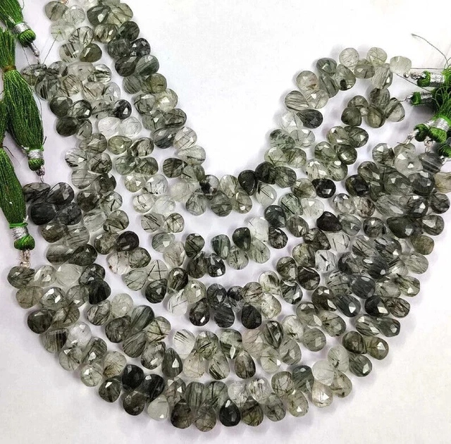 Perles en forme de poire à facettes en quartz rutile vert naturel 8 "Quartz...