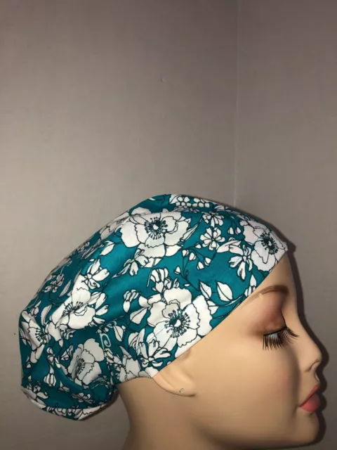 Euro Scrub Hat Tropical Flowers Teal Blue Surgical Cap CNOR CHEF CRNA MD L&D