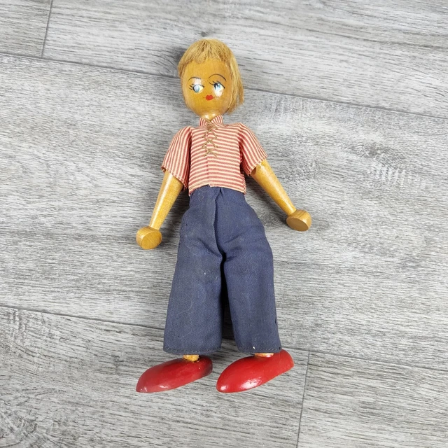 Vintage Wooden Peg Joint Handmade Boy Doll Made In Poland
