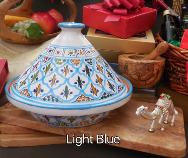 Olla de cocina/tagine de cerámica azul claro de 12" pintada a mano
