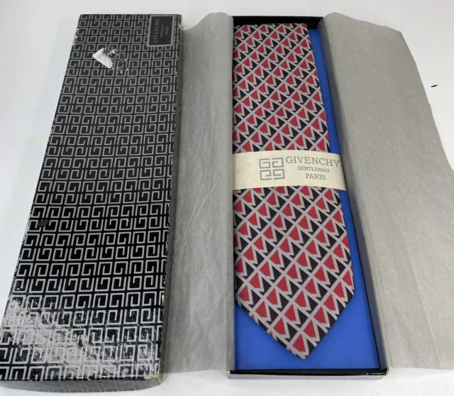 Givenchy Paris Mens Geometric Red Black Grey Silk Blend VTG Necktie Tie In Box