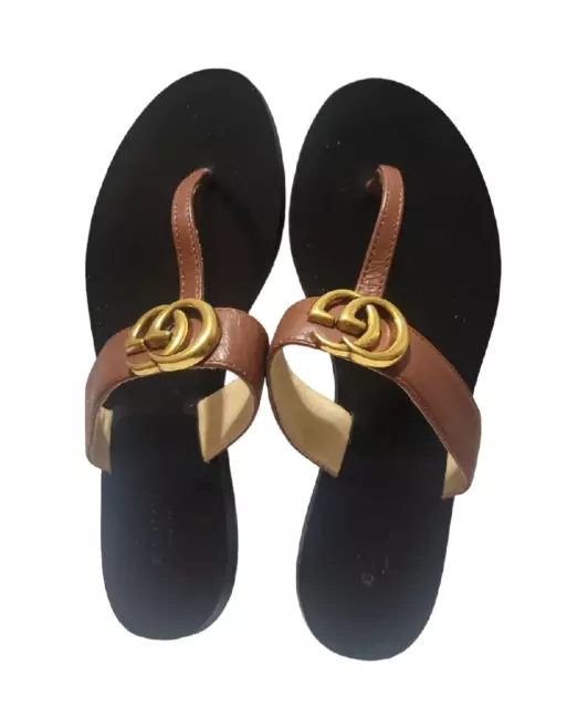GUCCI Brown Leather thong Women sandal with Double G SIZE 39 - Made in Italy