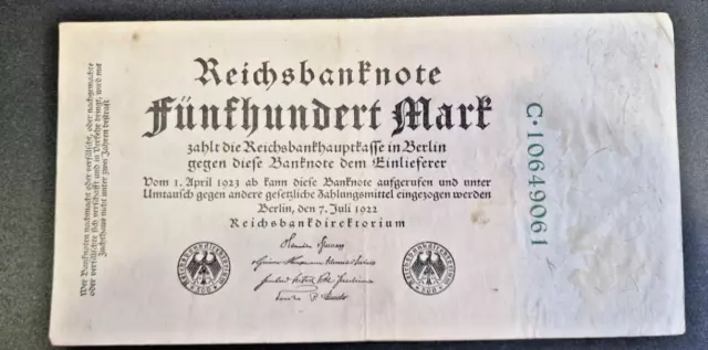 Geldschein Fünfhundert Mark Reichsbanknote 7. Juli  1922 Berlin Inflationsgeld