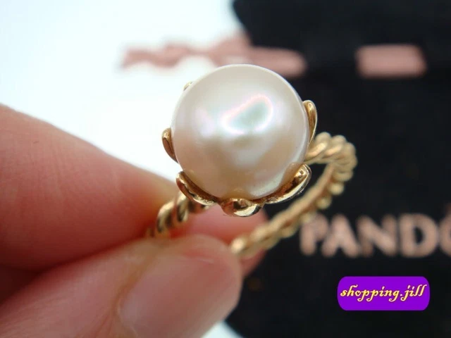 AUTH PANDORA PEARL Diamond 585 ALE Gold Ring 150110P Size 56
