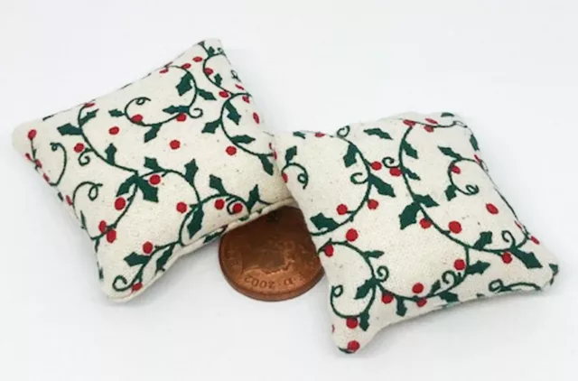 Dolls House Pair of Holly Patterned Cushions Tumdee Miniature Accessory DH15