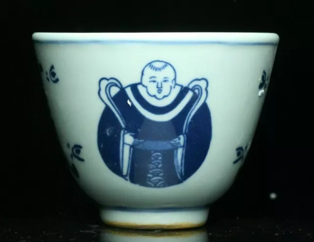 7CM Old China Blue White Porcelain Tongzi Boy Zun Cup Wine glass Winebowl