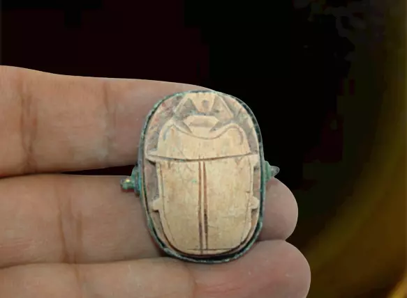 Ancient Egyptian Pharaonic Copper Ring With Stone Scarab Amulet