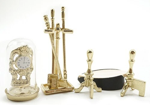Dollhouse Miniatures 1:12 Scale Brass Fireplace Accessories with Clock #IM66235