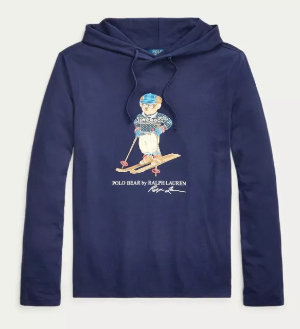Polo Ralph Lauren Mens Navy Fair Isle Ski Polo Bear Hoodie T Tee Shirt Sweater