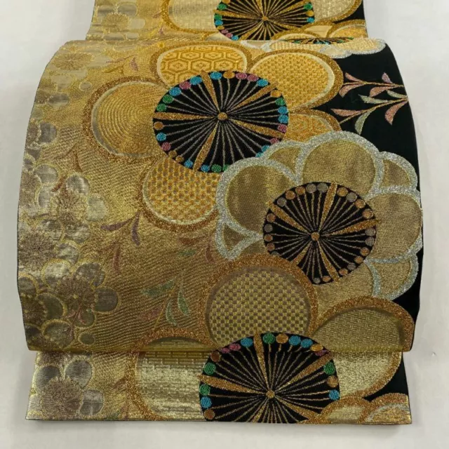 Woman Japanese Kimono Fukuro-obi Silk Black Flower Gold Thread Foil