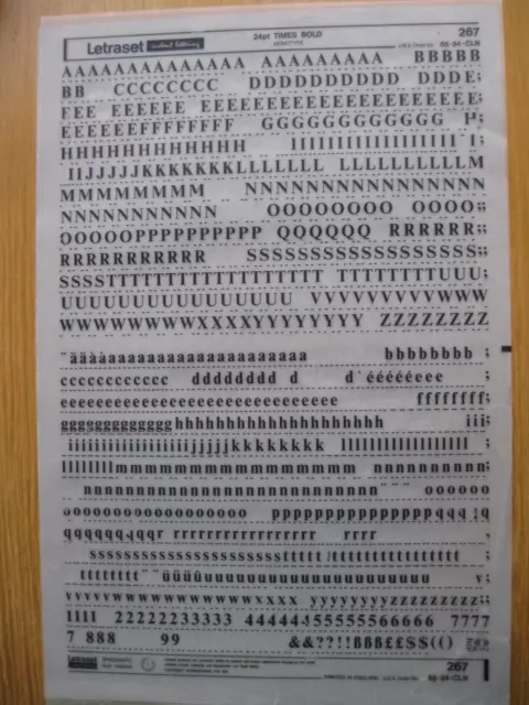 1 x Letraset Upp/Low Case & Num TIMES BOLD 24pt 6.4mm Sheet 267   (bb)