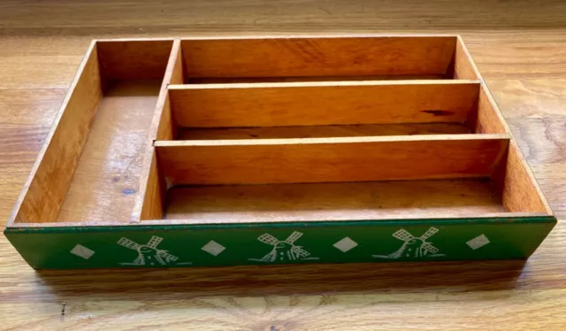 Antique 1930s Green & White Wooden Silverware/Flatware Tray ~ Finger Jointed  ~ 