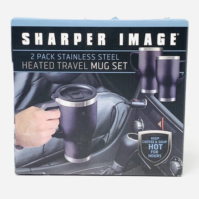 Heated Travel Mug Stainless Steel 2 Pack No Spill Lids Power Supply New Sharper