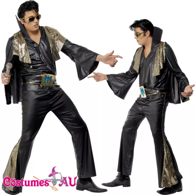 Mens Elvis Presley Black Gold Costume Rock and Roll 50s 1950s Star Fancy Dress