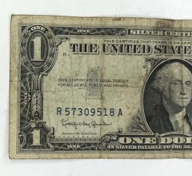 One Dollar Silver Certificate with Blue Seal Series 1957B in Protective Sleeve 2