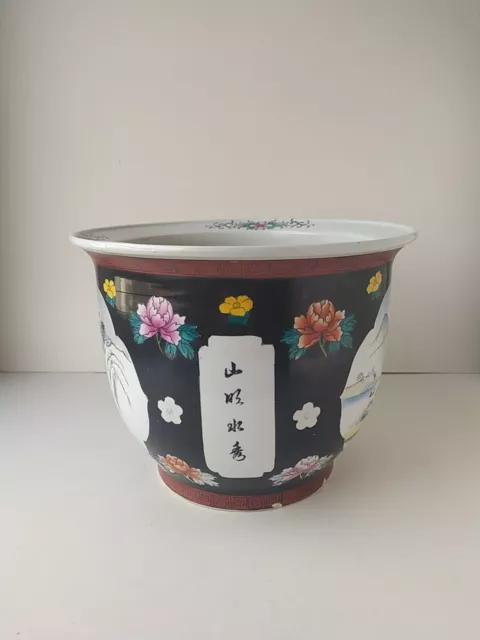 Large Landscape Asian Chinese Black Porcelain Jardiniere Planter Plant Pot. 24cm