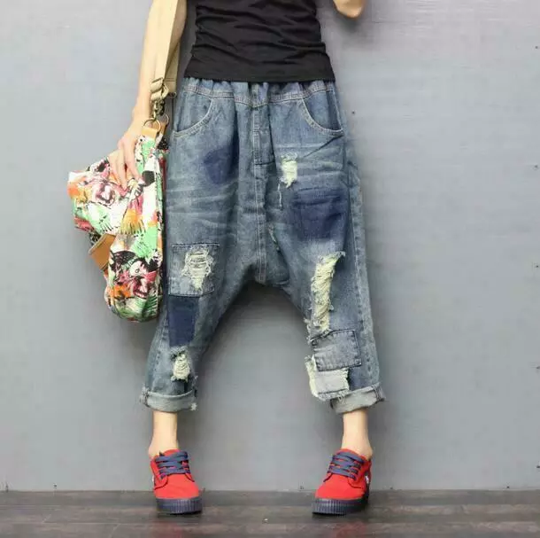 Casual Women's Denim Ripped Drop Crotch Jeans Harem Pants Baggy Trousers Gift