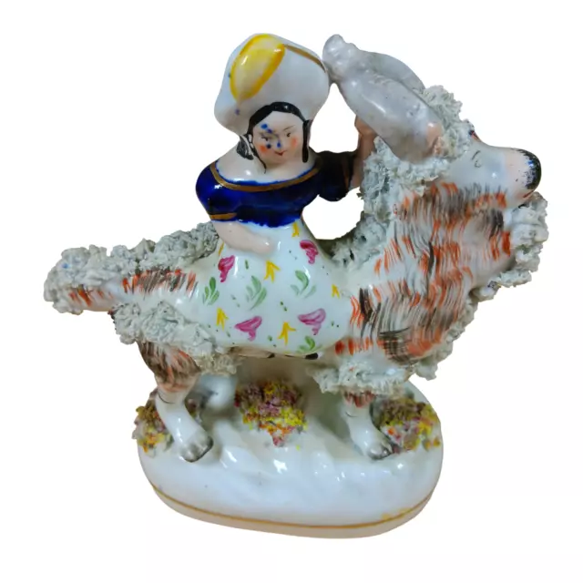 Antique Victorian Staffordshire Pottery Figure of a Girl Riding a Goat