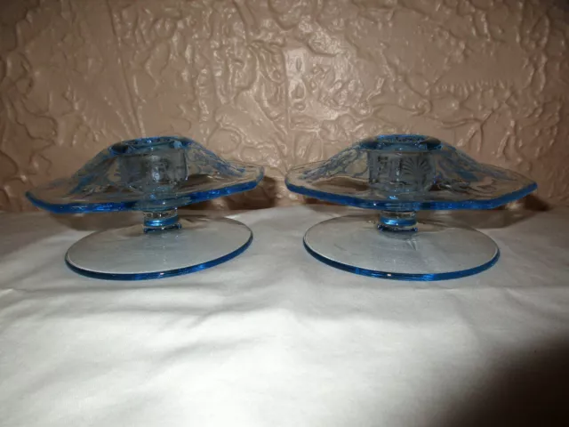 Fostoria Azure Blue 278 Versailles Etch #2375 1/2 Pair of Mushroom Candleholders