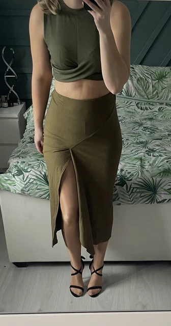 ZARA KHAKI GREEN Summer Midi Skirt With Split Size 8 New 18.99 PicClick UK
