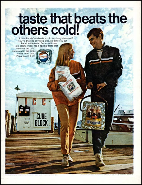 1968 Young couple Pepsi Cola ice cube block pier boat vintage photo print ad L12