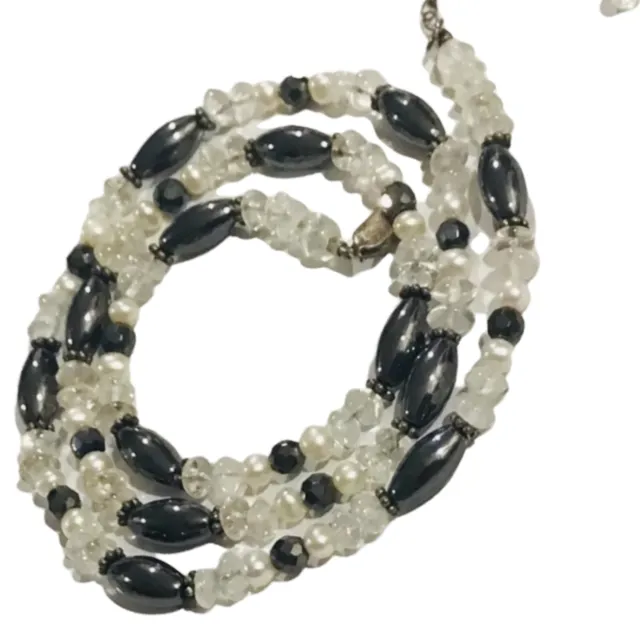 Vintage Artisan Pearl Onyx Druzy Quartz Sterling Silver Necklace 32 Gr-22”