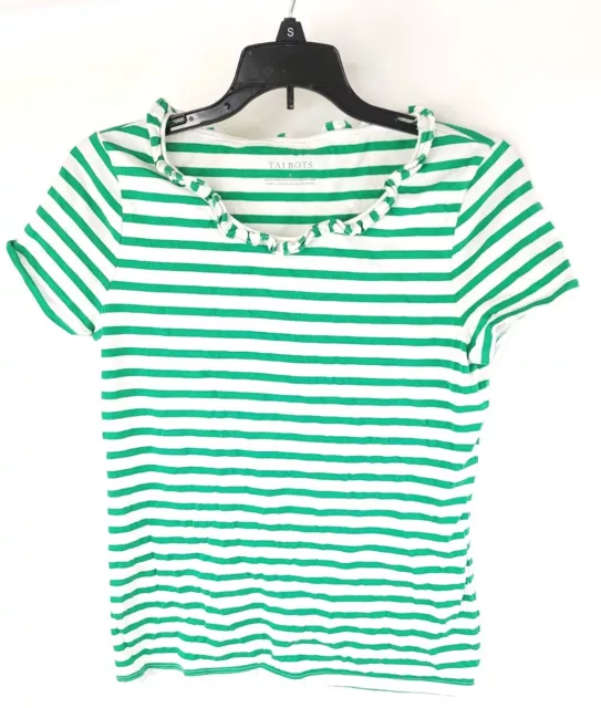 Talbots Shirt Womens Small Short Sleeve Striped Green Ruffle Top Stretch Pima