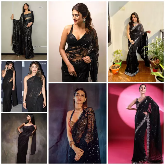 Designer Georgette Sequence Black Saree Party Wedding Net Sequins Saree Sari