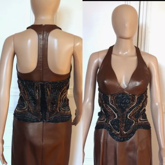 Vintage Sexy Thierry Mugler Haute Couture Leather Shinny Brown  Dress  42It 38Fr