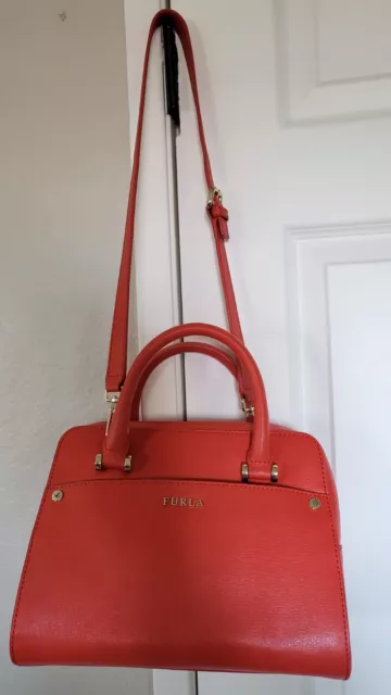 FURLA Coral Orange Saffiano Genuine Leather Purse Satchel HandBag