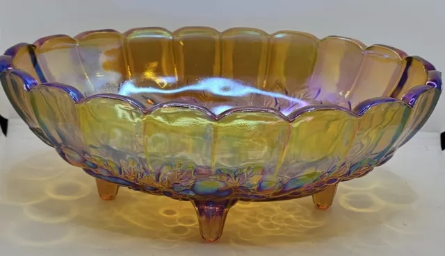 Indiana Iridescent Carnival Glass Fruit Bowl Oval Harvest Grape Amber Footed VTG