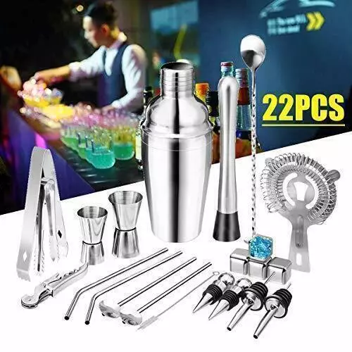 22Pcs Stainless Steel Cocktail Shakers Mixer Martini Bar  Strainer Bartender