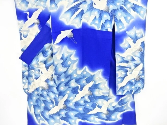 46865# Japanese Kimono / Antique Furisode / Embroidery / Cranes & Peacock Fe