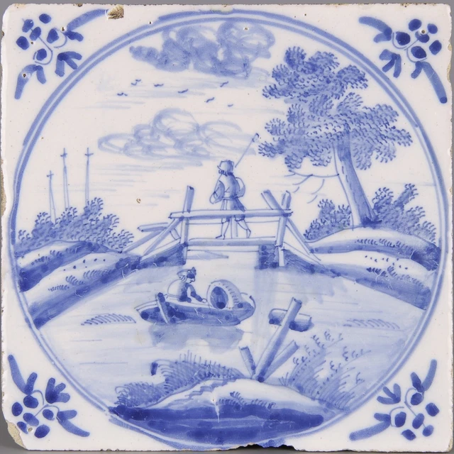 Nice Dutch Delft Blue fine painted tile, fisherman on a bridge 18th. century.