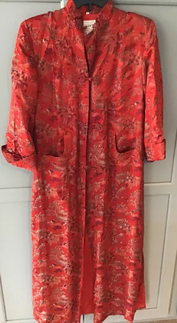 VINTAGE Peony Shanghai China  Red Satin Kimono Robe LONG  Size 32 Lined
