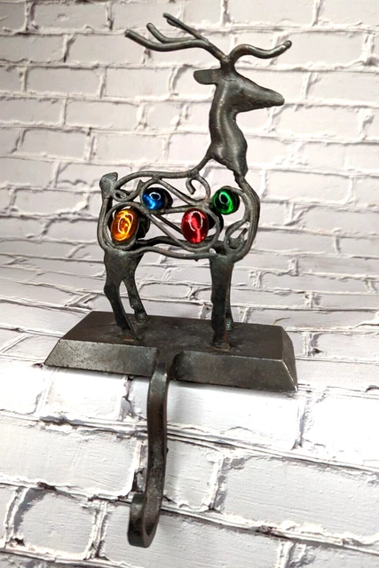 Vintage Metal Christmas Stocking Holder Reindeer Hook w Glass Orbs Vintage Metal Christmas Stocking Holder Reindeer Hook w Glass Orbs