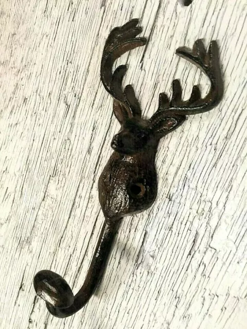 SET of 3 DEER HOOKS rustic bronze brown cast iron heavy duty hooks for lodge elk 7