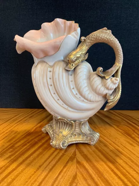 Beautiful Scarce Antique Rudolstadt Works Conch Shell Vase With Dolphin Handle