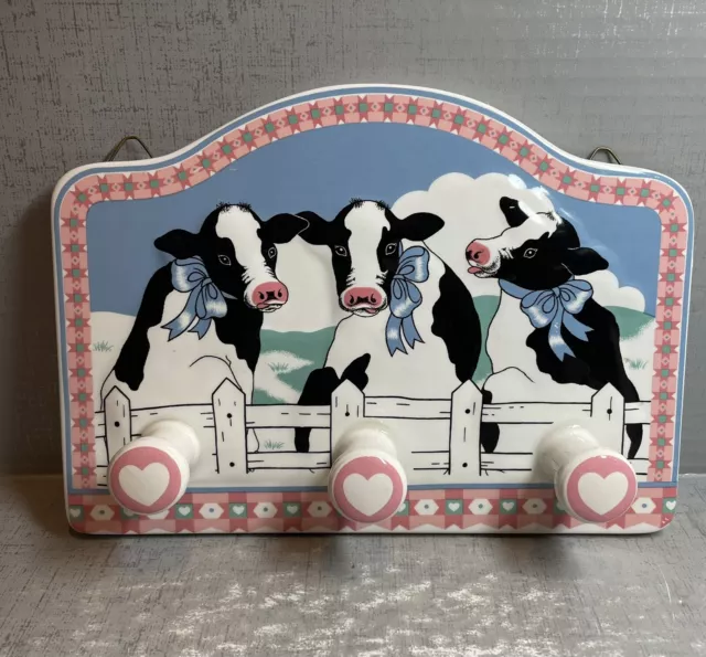 Vintage Ceramic Cow Plaque Farmhouse Key Leash Apron Pegs Wall Mount Japan