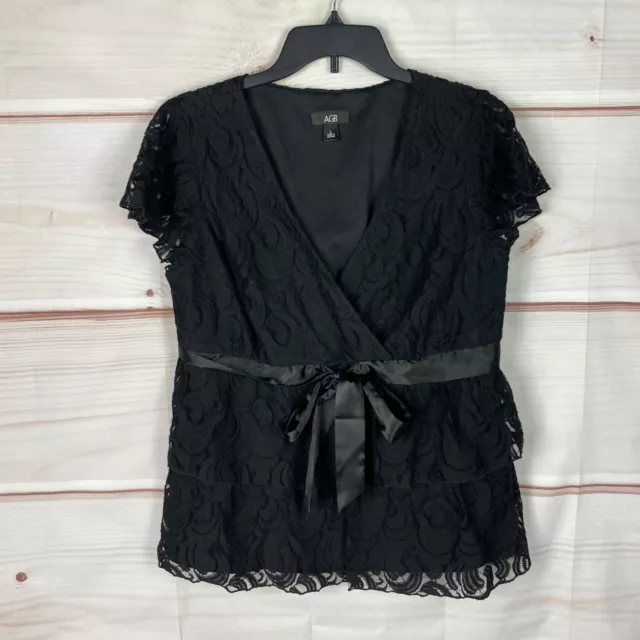 AGB Lace Faux Wrap Blouse Womens Top Black Tie Waist V-Neck Short Sleeve Size L