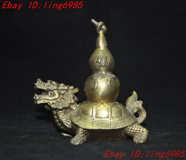 4.8" Chinese Ancient brass Feng Shui longevity Dragon turtle gourd statue