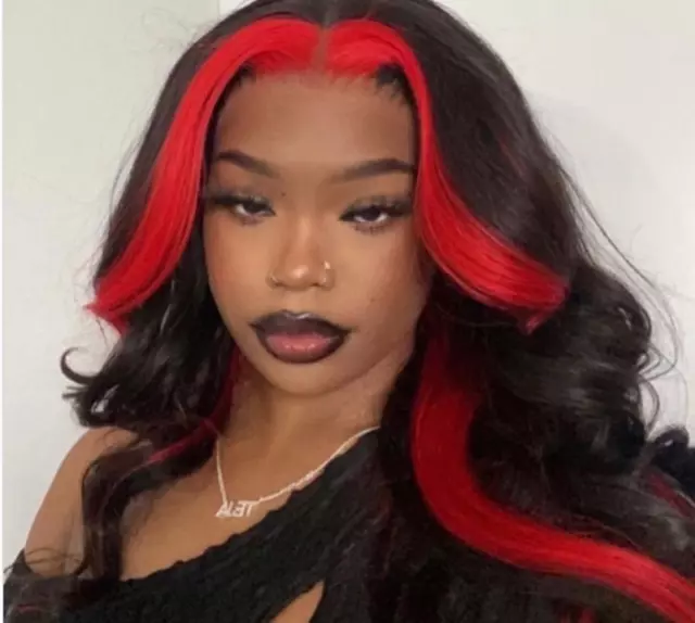 Long 13X1 T Part Lace Front Human Hair Wig Wavy Black Finger Red Highlight Wigs