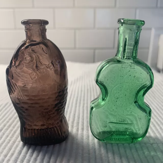 Vintage Small Green Violin  Bottle and Purple Fish Bitters Bottle 3"